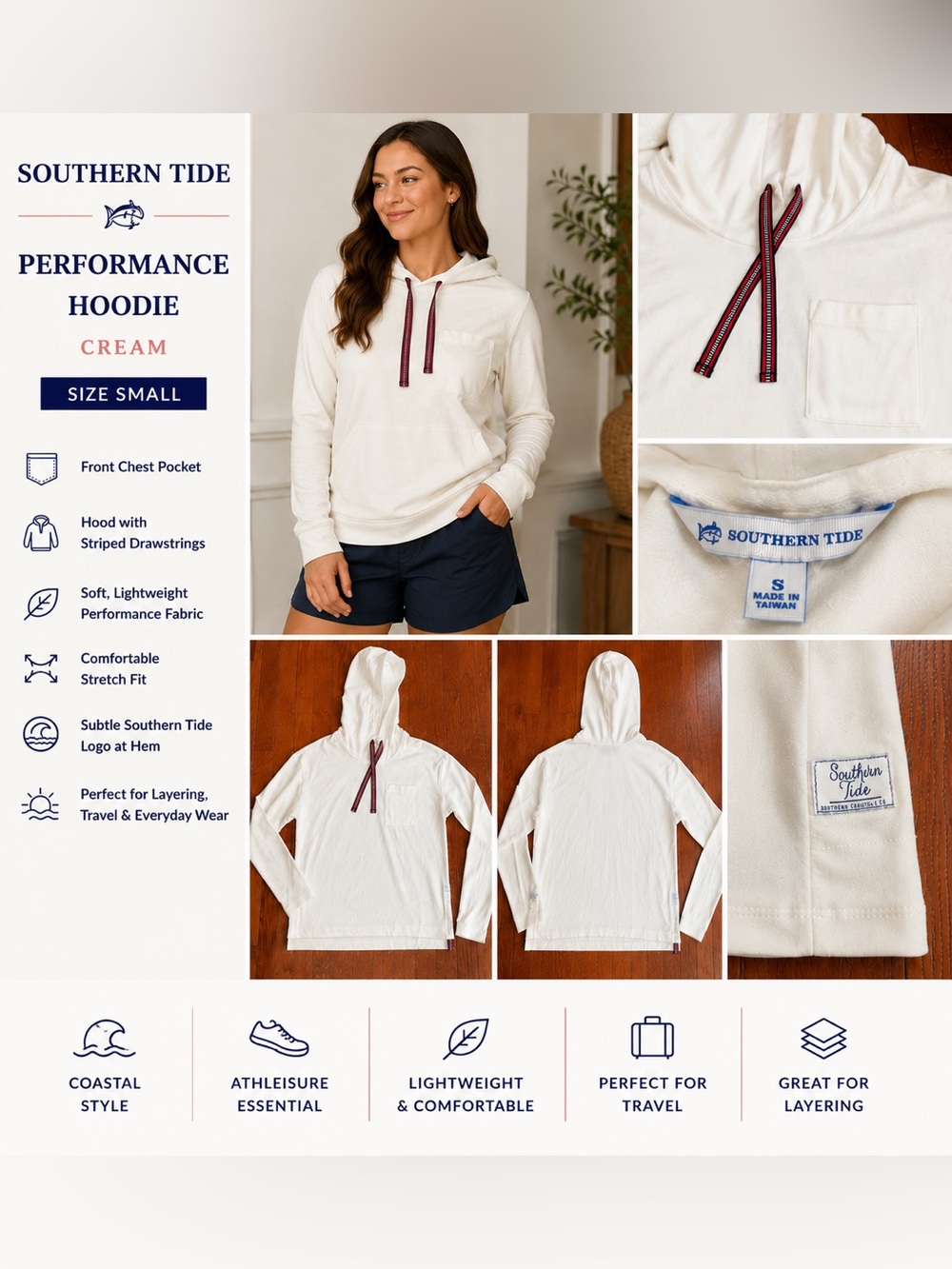 Southern Tide Cream Performance Hoodie Pullover Pocket Sweatshirt Size Small